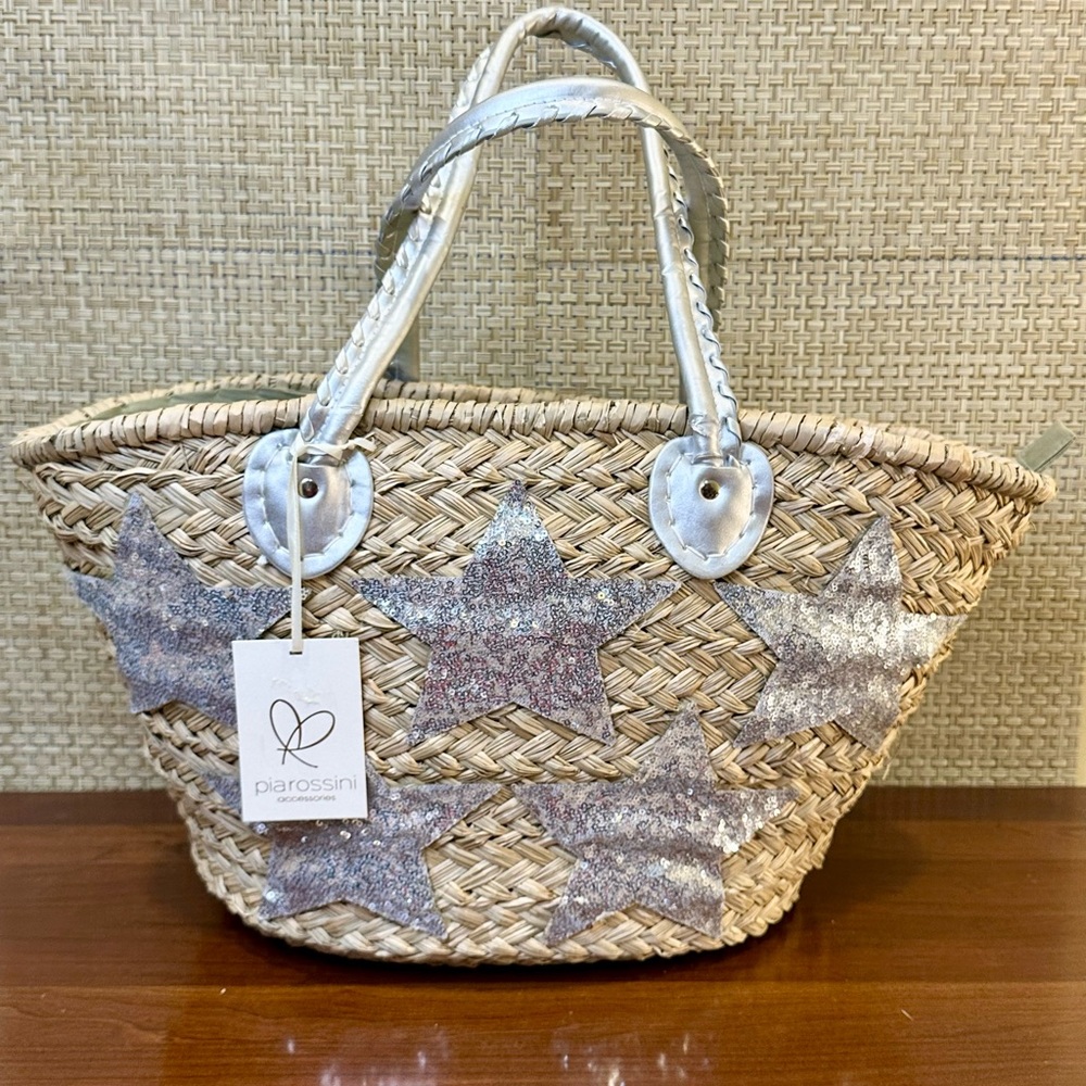 🌟3xHP🌟Silver Sequin & Stars Woven Natural Straw Beach Bag by Pia Rossini